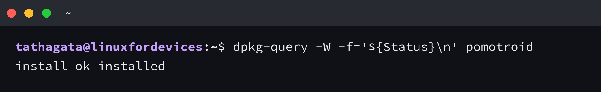 Terminal output confirming Pomotroid is installed with a Debian package