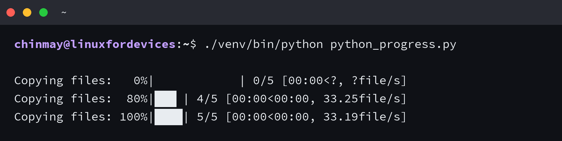 Python tqdm progress meter showing Copying files complete at 5 of 5