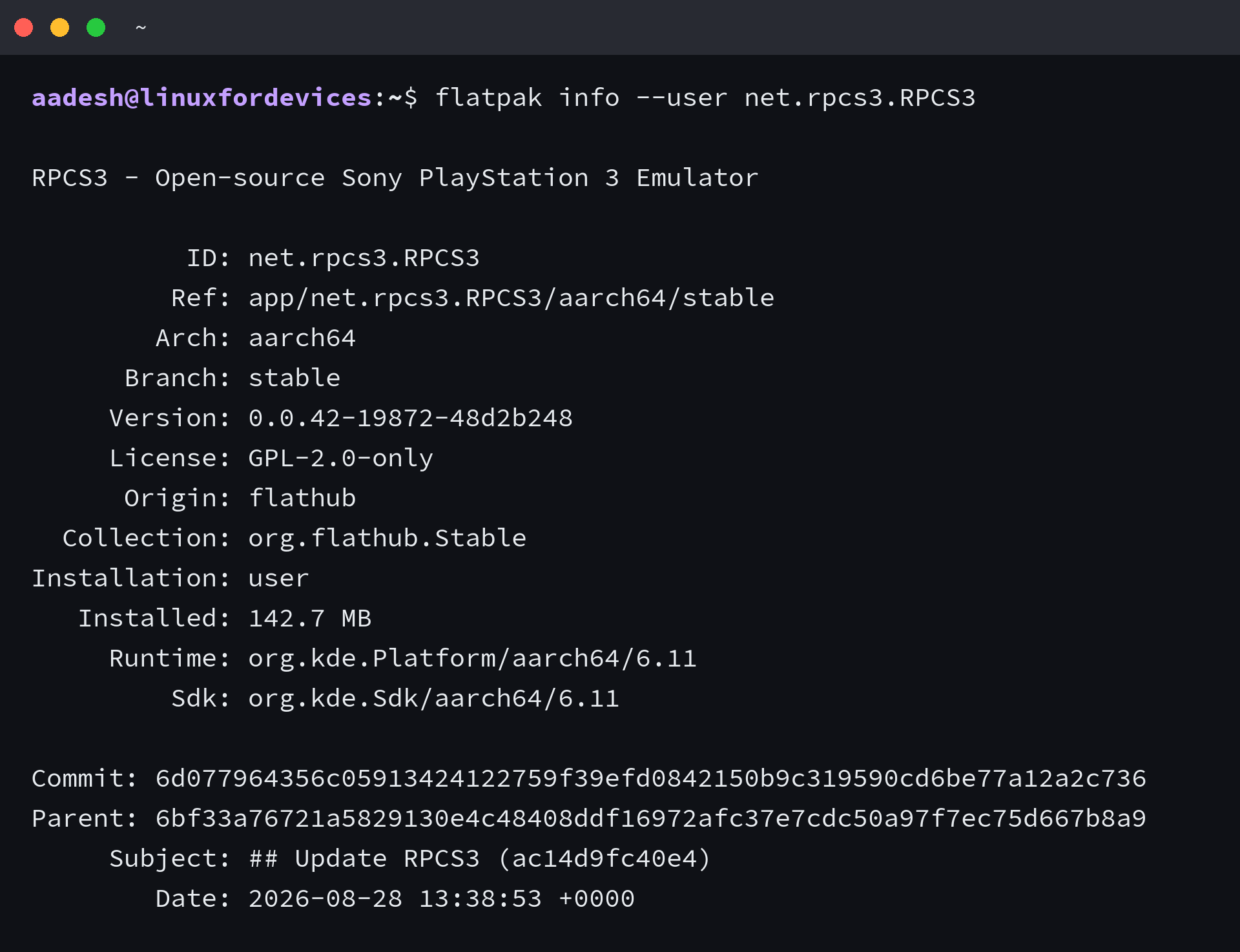 Terminal output confirming the installed RPCS3 Flatpak package on Linux
