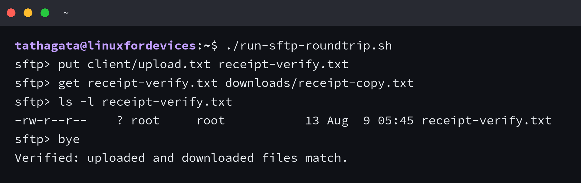 SFTP upload and download verified in a Linux terminal