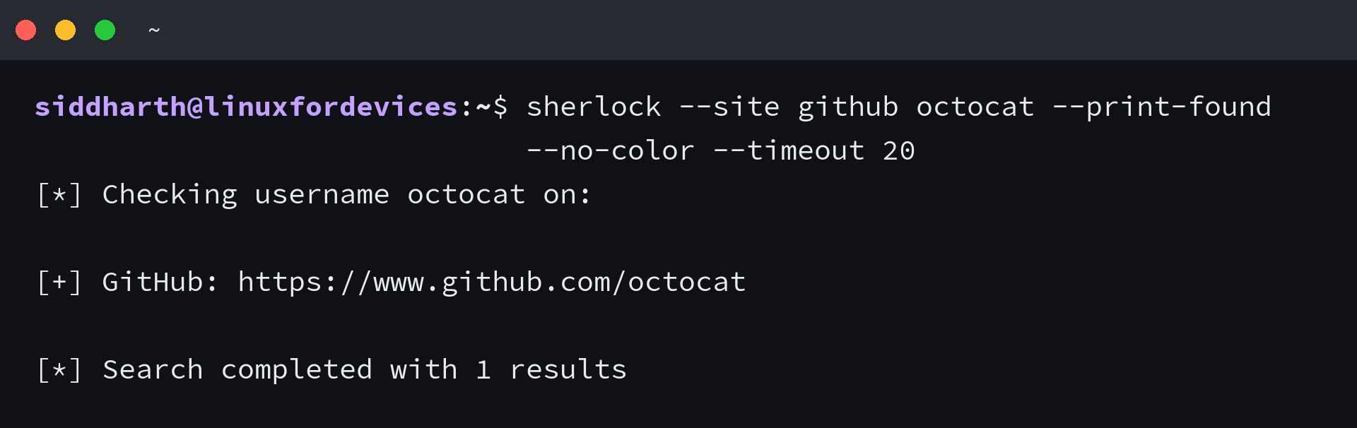 Sherlock finds the public octocat account on GitHub