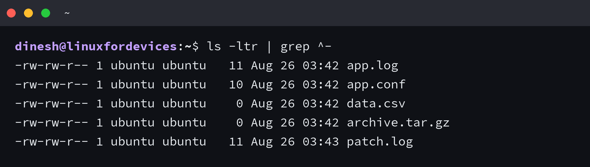 Output of ls -ltr piped to grep so only regular files are listed