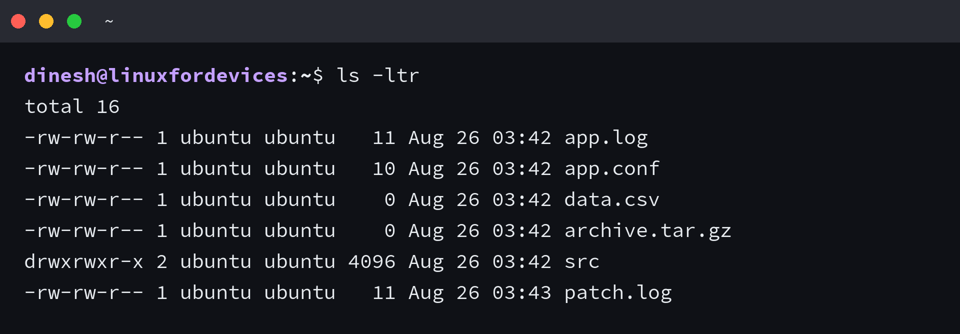 Terminal output of the ls -ltr command showing files sorted oldest to newest by modification time