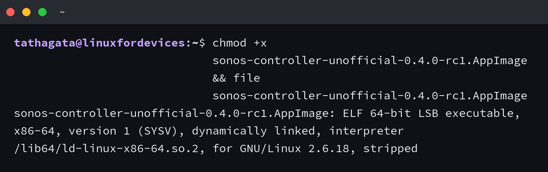 Terminal confirms the downloaded unofficial Sonos Controller AppImage is an x86-64 executable