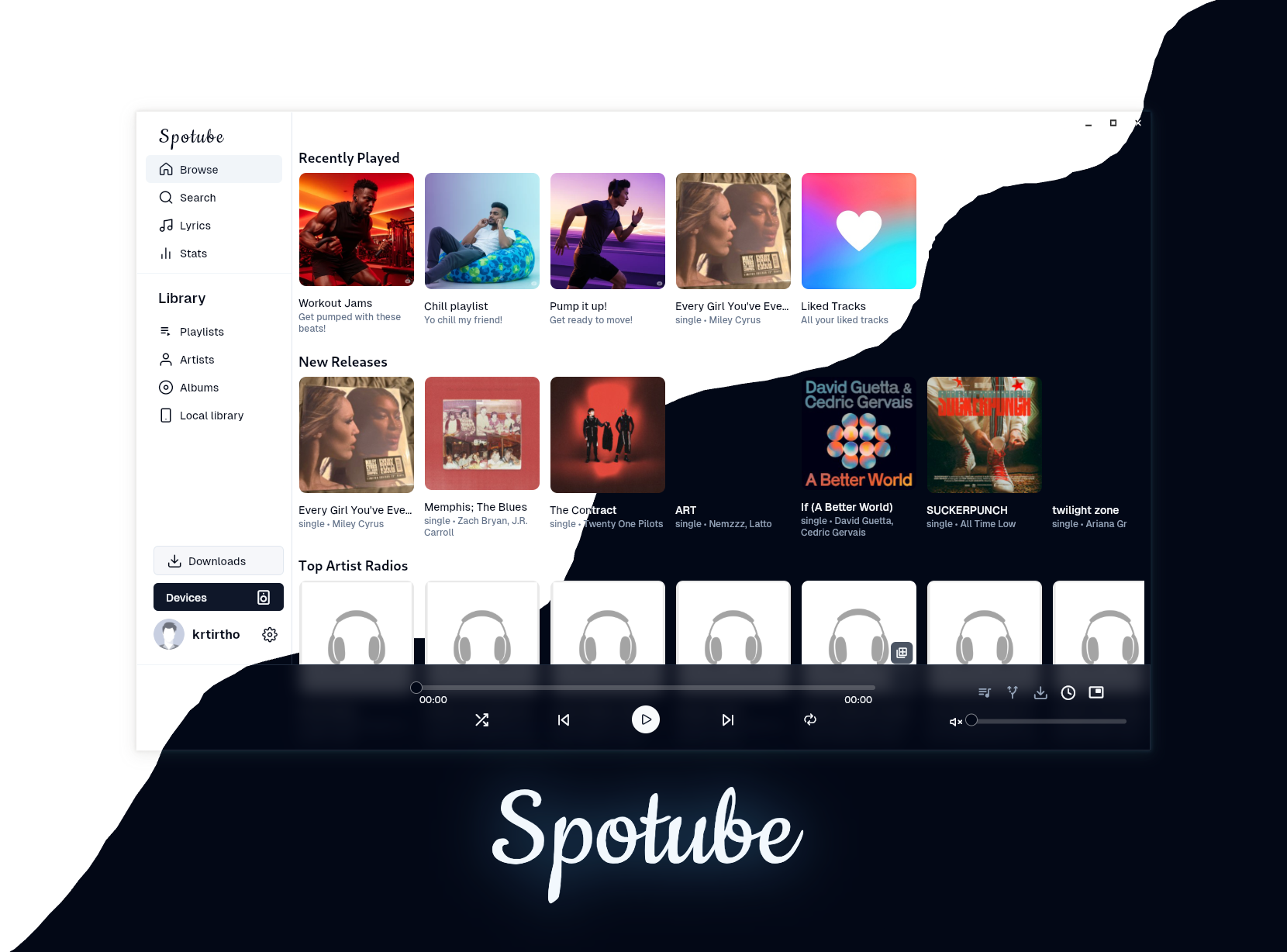 Spotube 5 desktop interface showing Browse, Search, Library, Downloads, and playback controls