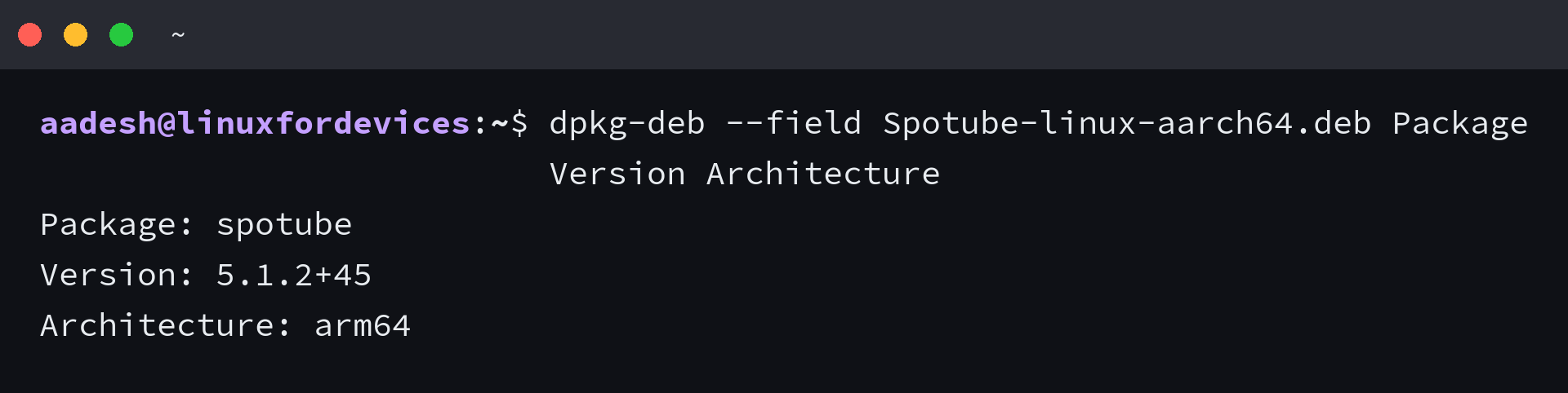 Terminal output showing the Spotube Debian package, version 5.1.2+45, and arm64 architecture