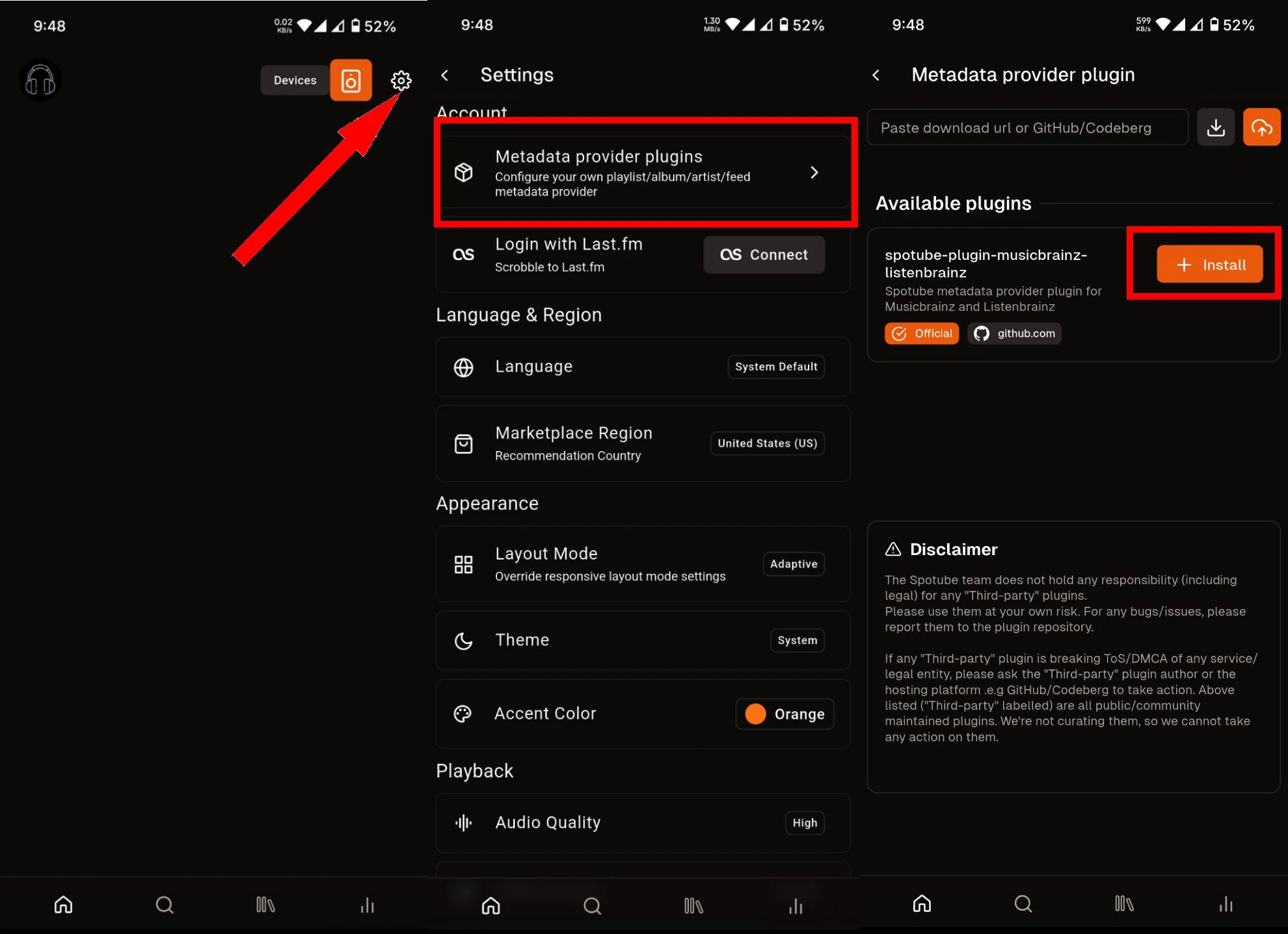 Spotube Settings path to Metadata provider plugins and the Official plugin install button