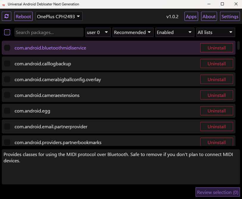 Universal Android Debloater Next Generation package list with Recommended filter and Uninstall controls