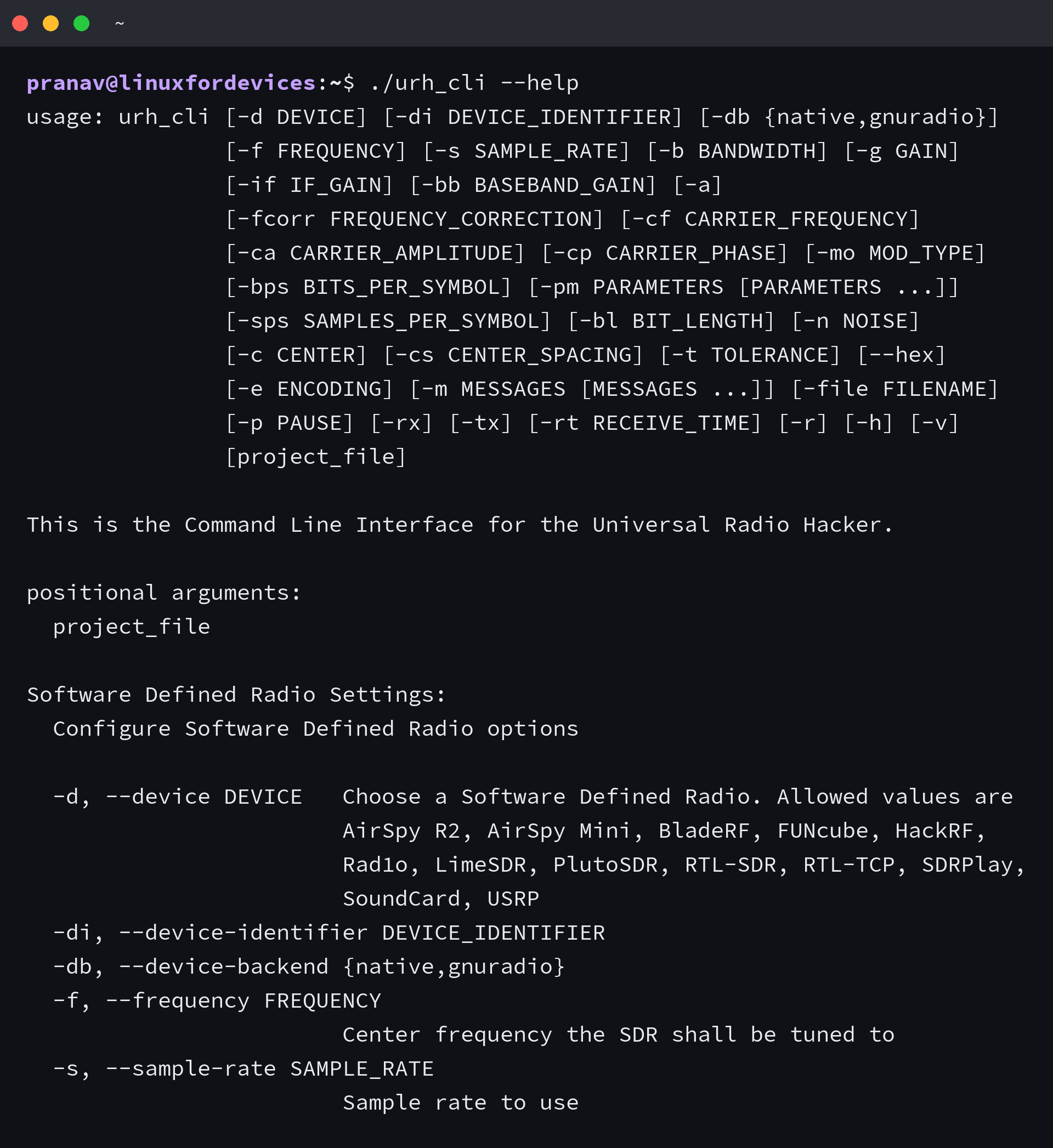 URH CLI help showing supported SDR settings after installation