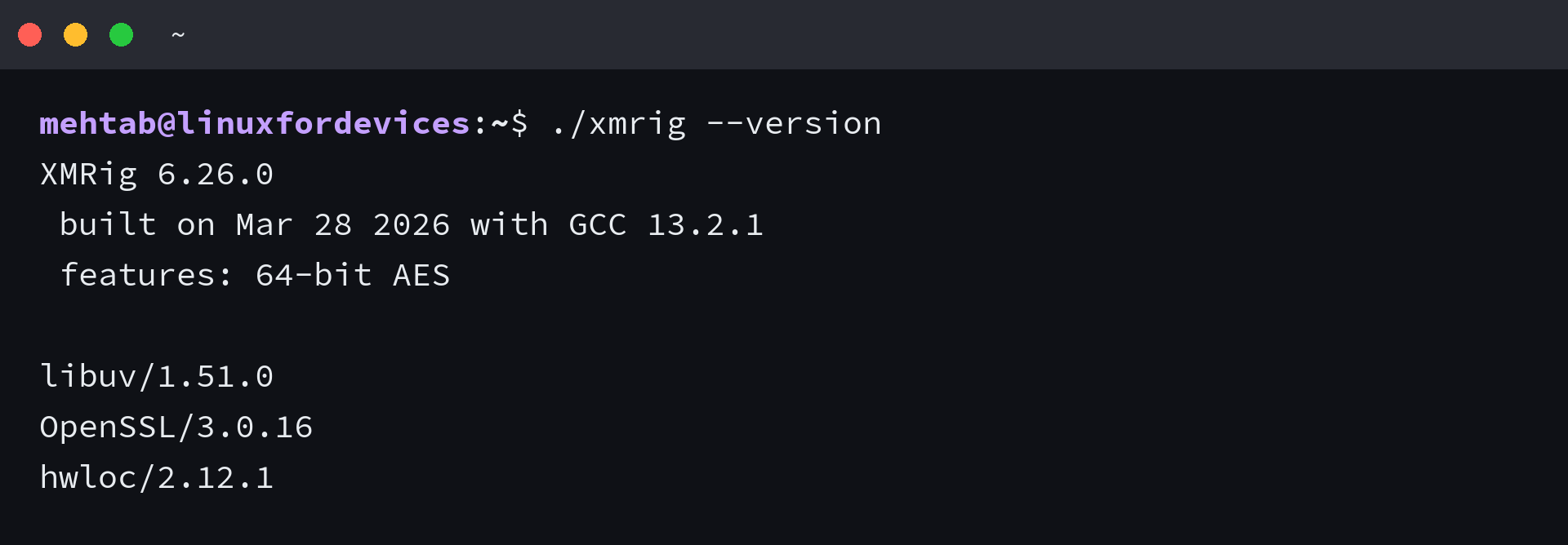 XMRig 6.26.0 version output in a Linux terminal