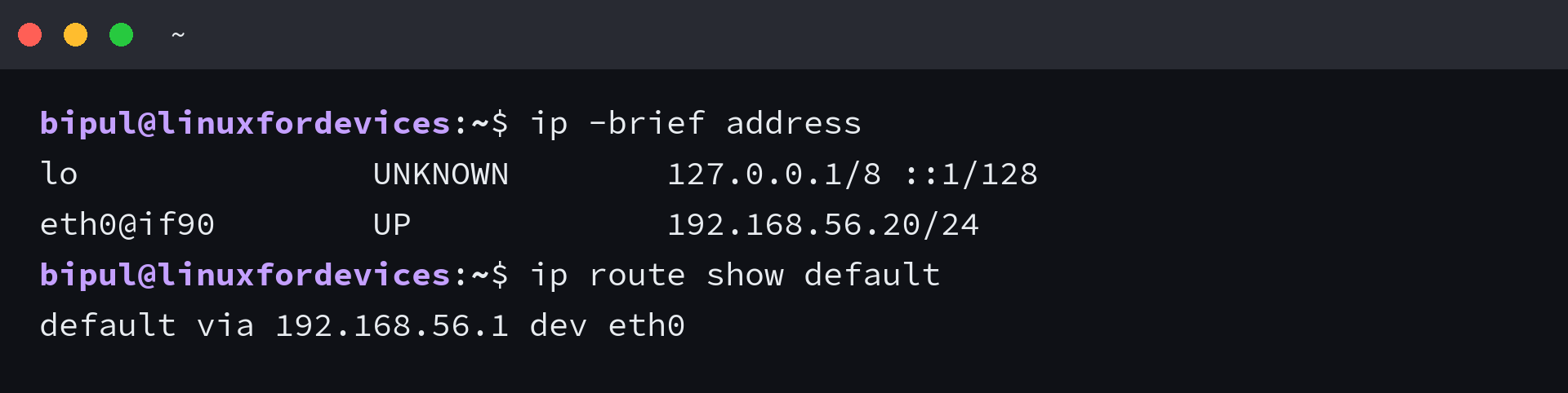 ip -brief address and ip route show default output listing the eth0 interface and the default gateway