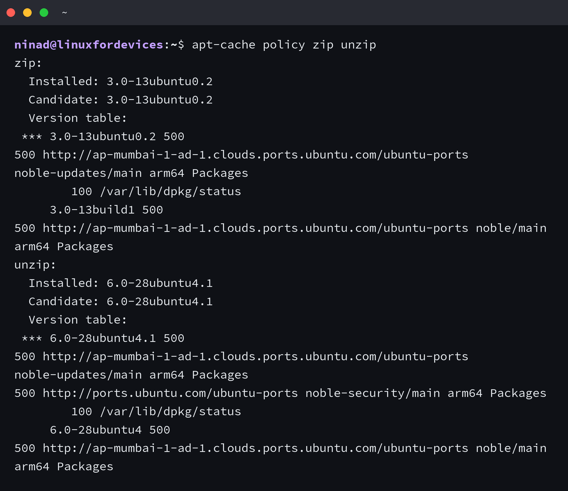 apt-cache policy zip unzip showing zip 3.0-13ubuntu0.2 and unzip 6.0-28ubuntu4.1 installed on Ubuntu 24.04