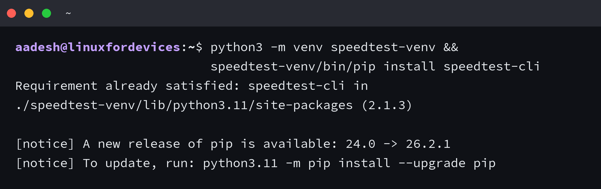 pip install speedtest-cli completing in a venv