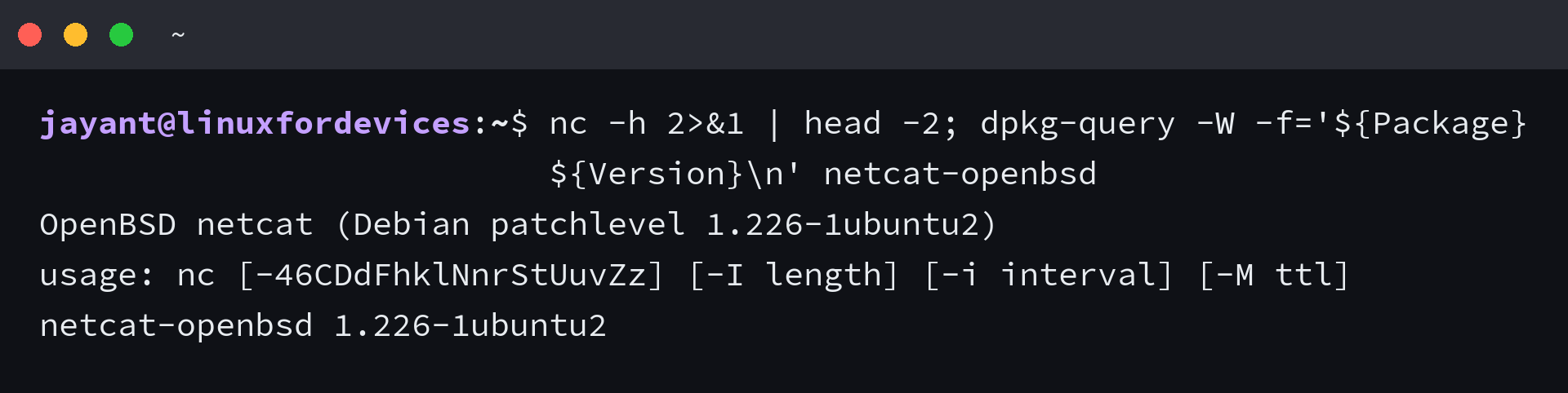 Terminal showing nc -h reporting OpenBSD netcat 1.226-1ubuntu2 and the installed netcat-openbsd package version