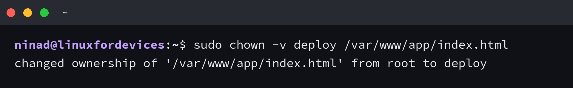 Terminal showing chown -v deploy /var/www/app/index.html reporting changed ownership from root to deploy