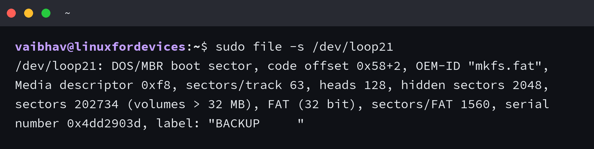 file -s output for a vfat volume showing FAT 32 bit and the volume label