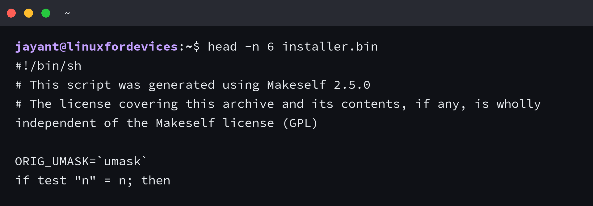 First six lines of installer.bin showing the Makeself header written in /bin/sh