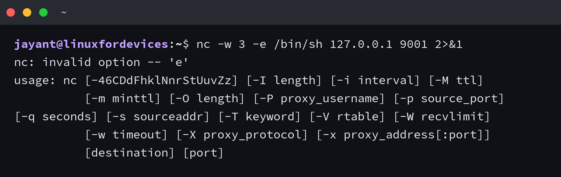 Terminal showing nc rejecting the -e option with an invalid option error and printing its usage block
