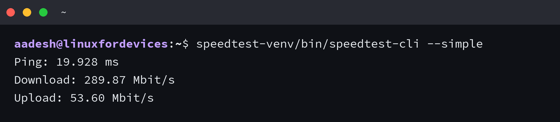 speedtest-cli simple output showing ping, download and upload