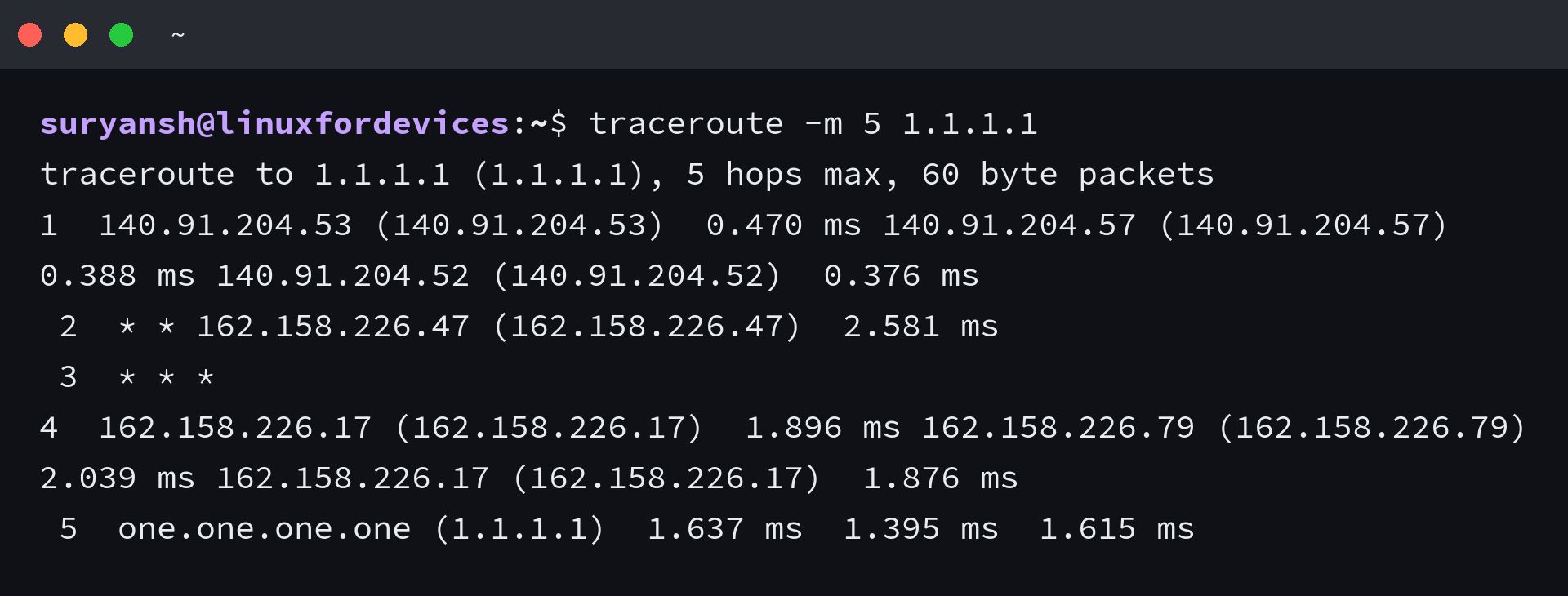 traceroute output showing five hops to 1.1.1.1 with three round-trip times per hop