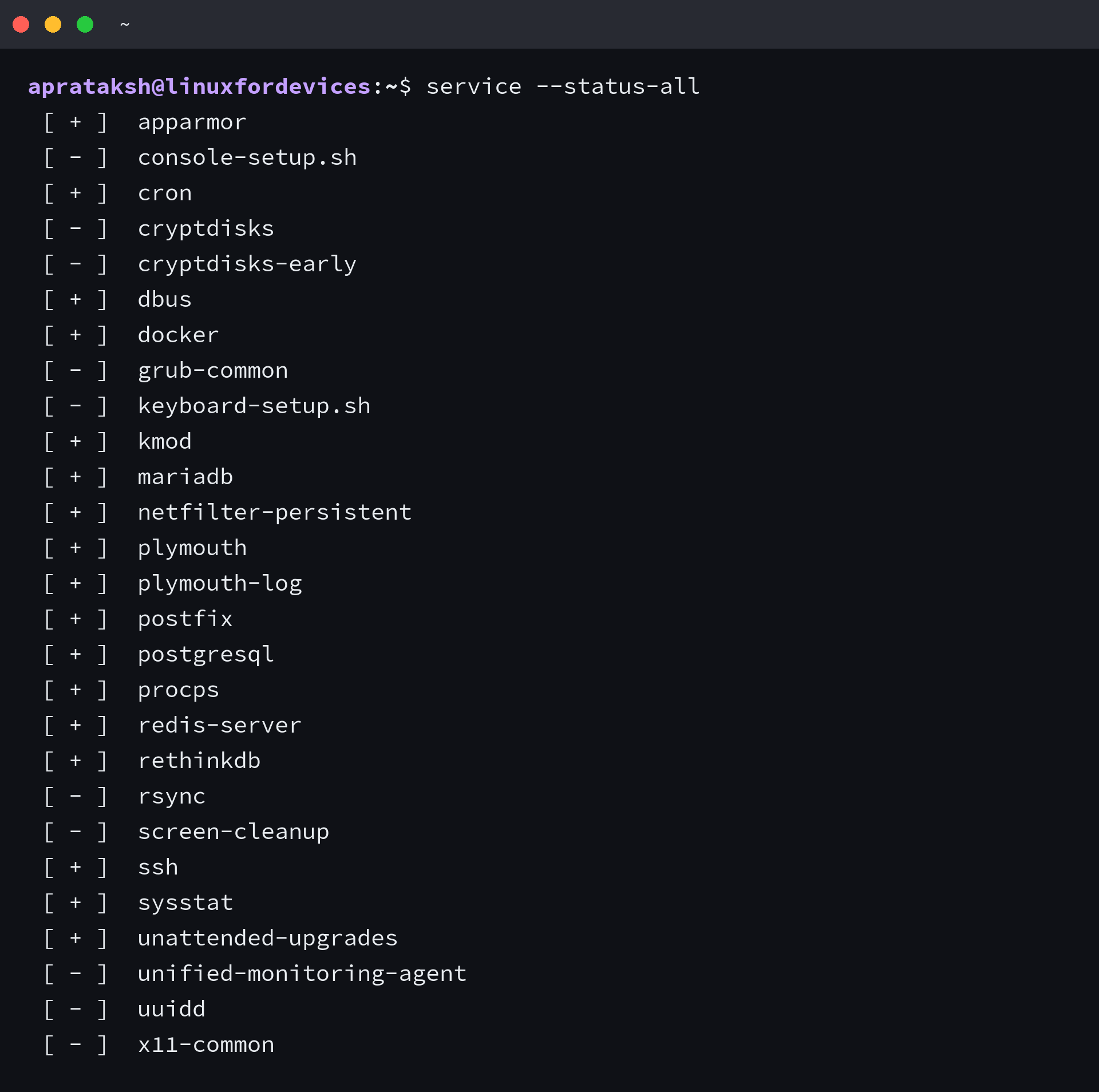 service --status-all listing 27 init.d scripts with running and stopped markers