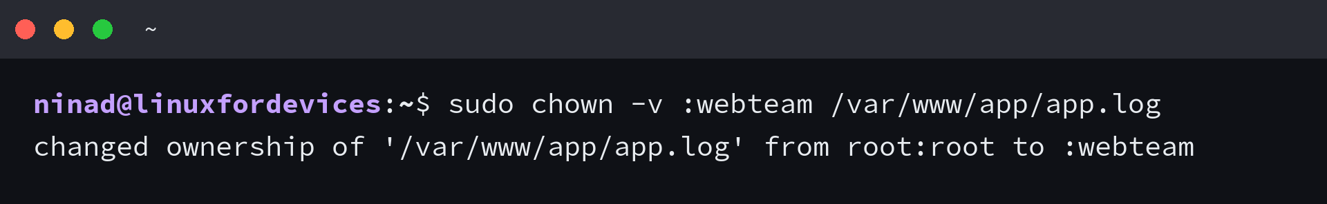 Terminal showing chown -v :webteam /var/www/app/app.log changing only the group field