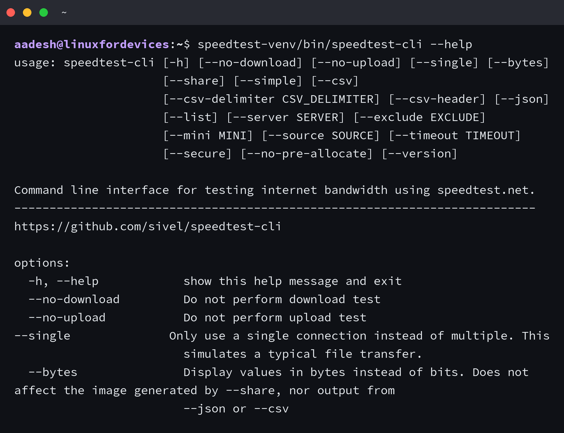 speedtest-cli help output listing all options