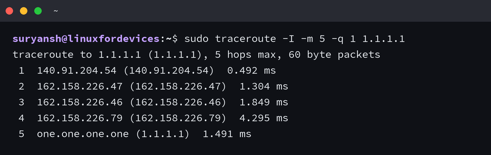 traceroute with the ICMP echo method listing five numbered hops to 1.1.1.1