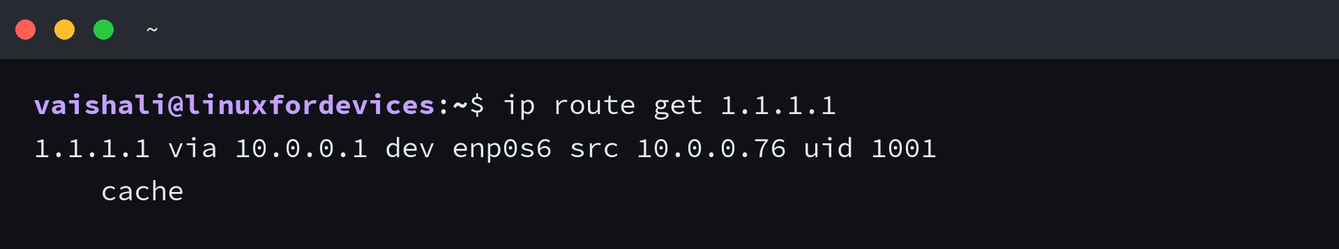 Terminal showing ip route get with the src field identifying the route-selected address