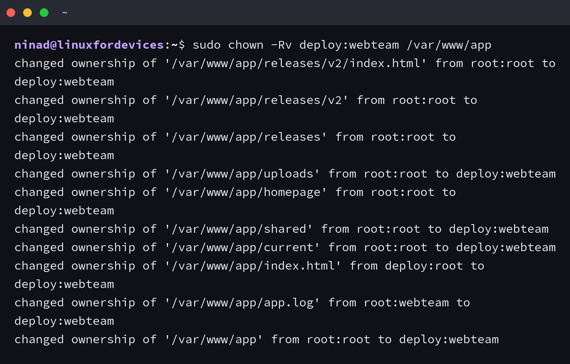 Terminal showing chown -Rv deploy:webteam /var/www/app printing one diagnostic line per entry in the tree