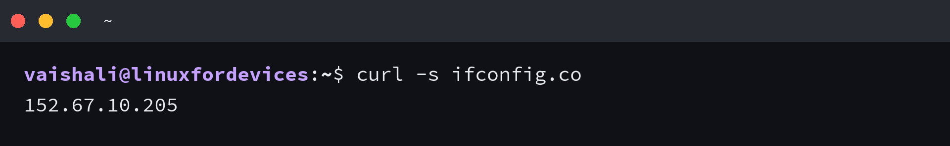 Terminal showing an external service returning the public IPv4 address