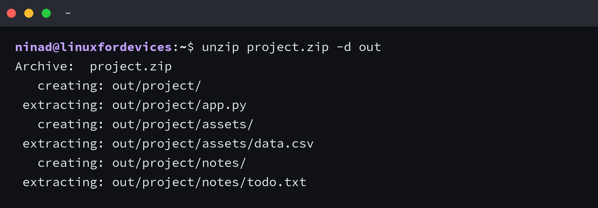 unzip project.zip -d out extracting the archive into the out directory with the project path preserved