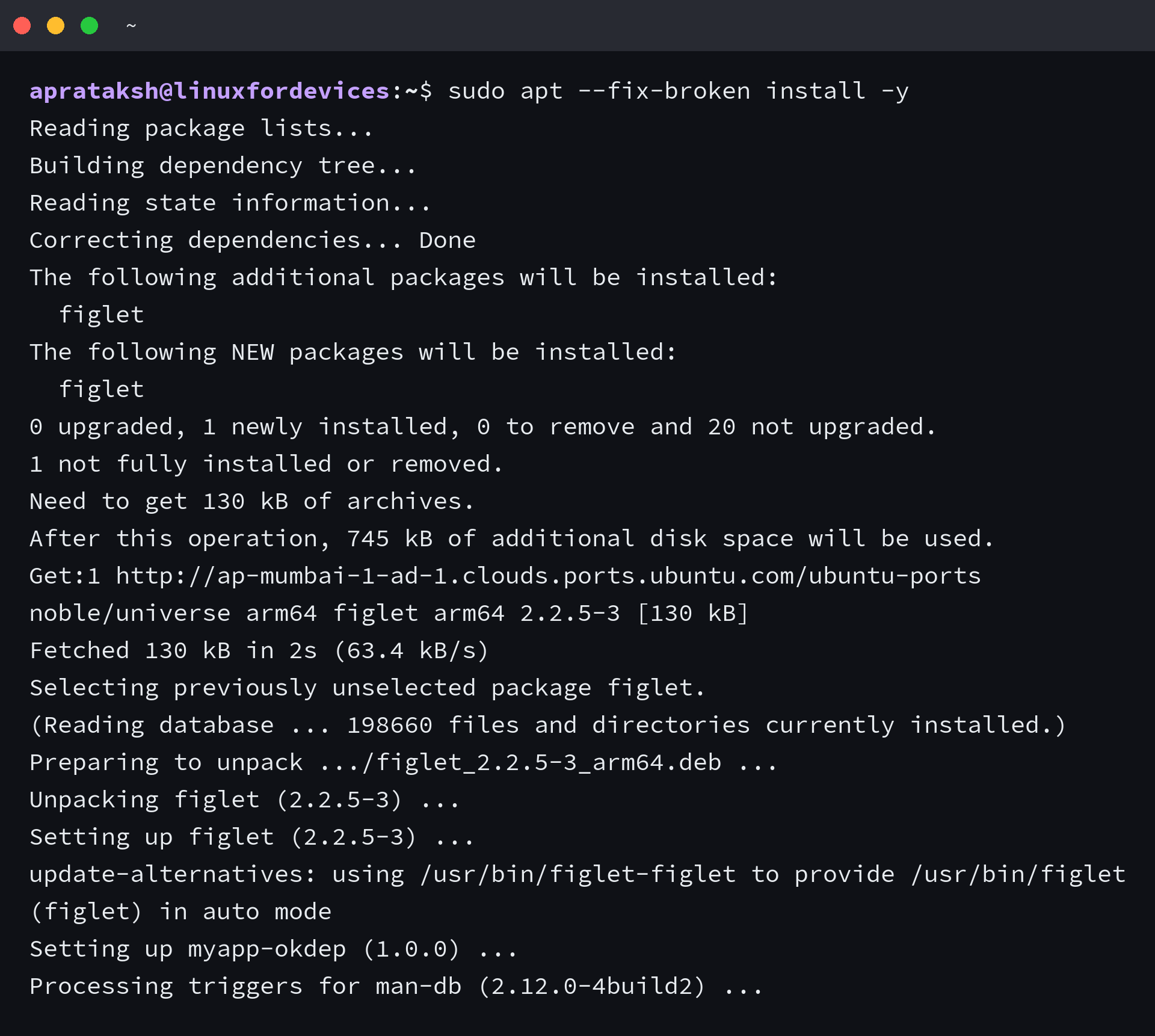 APT installing the missing dependency and then configuring the package