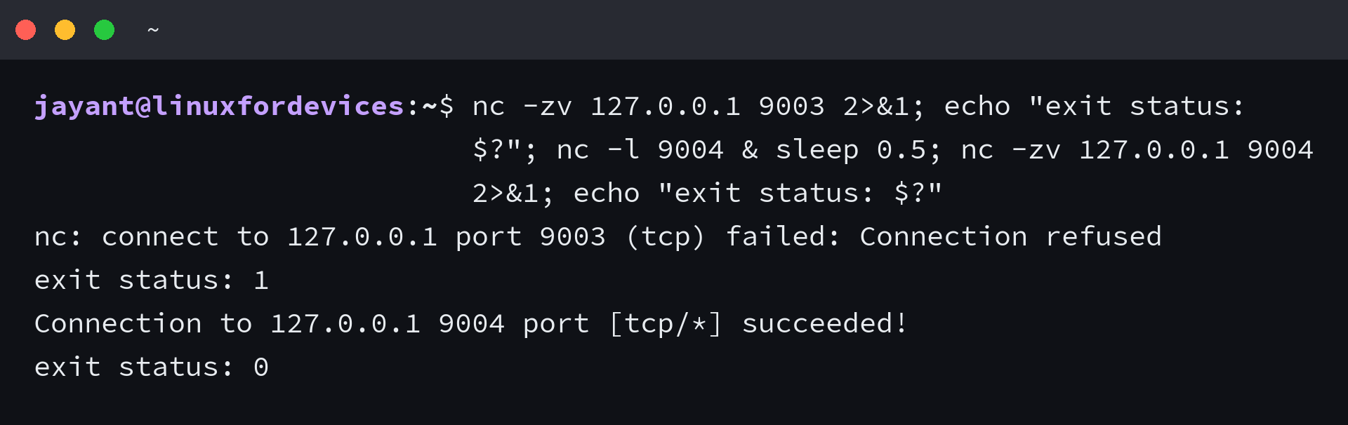Terminal showing nc -zv against a refused port returning exit status 1 and against an open port returning exit status 0