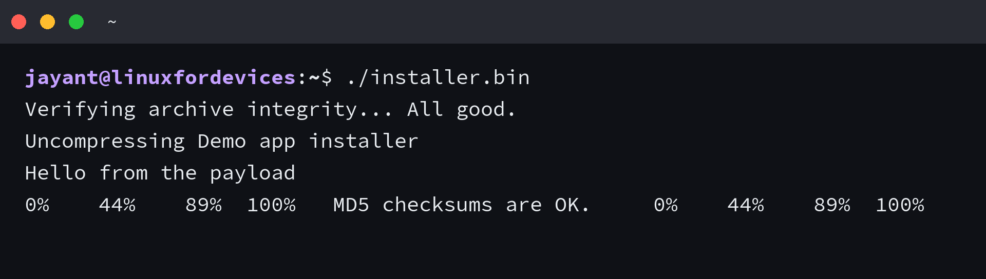 Terminal output of running installer.bin with the MD5 check passing and the payload printing Hello from the payload
