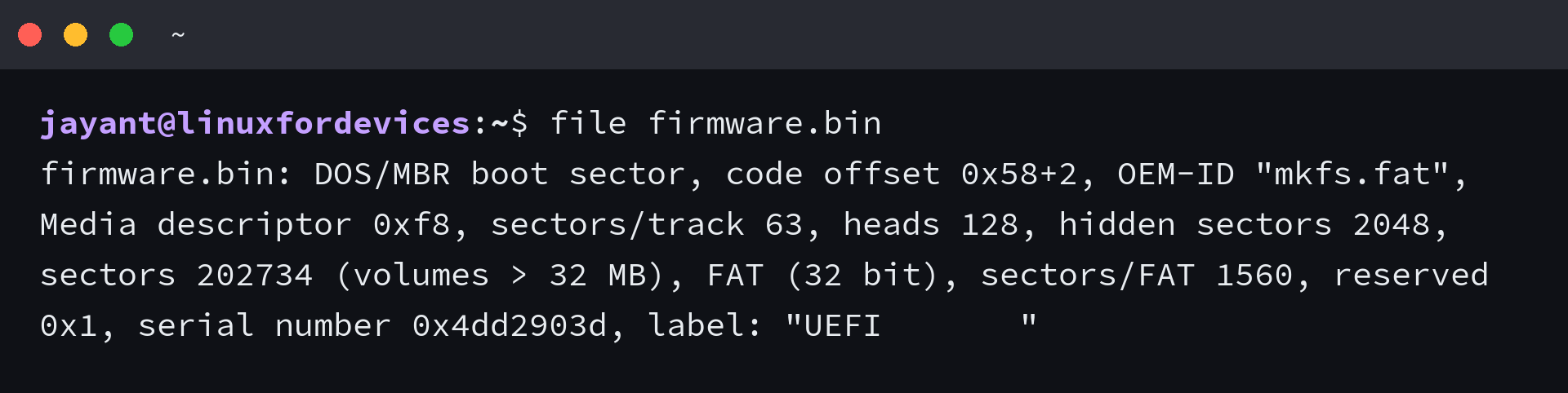 Terminal output of the file command reporting firmware.bin as a DOS/MBR boot sector with a FAT32 filesystem