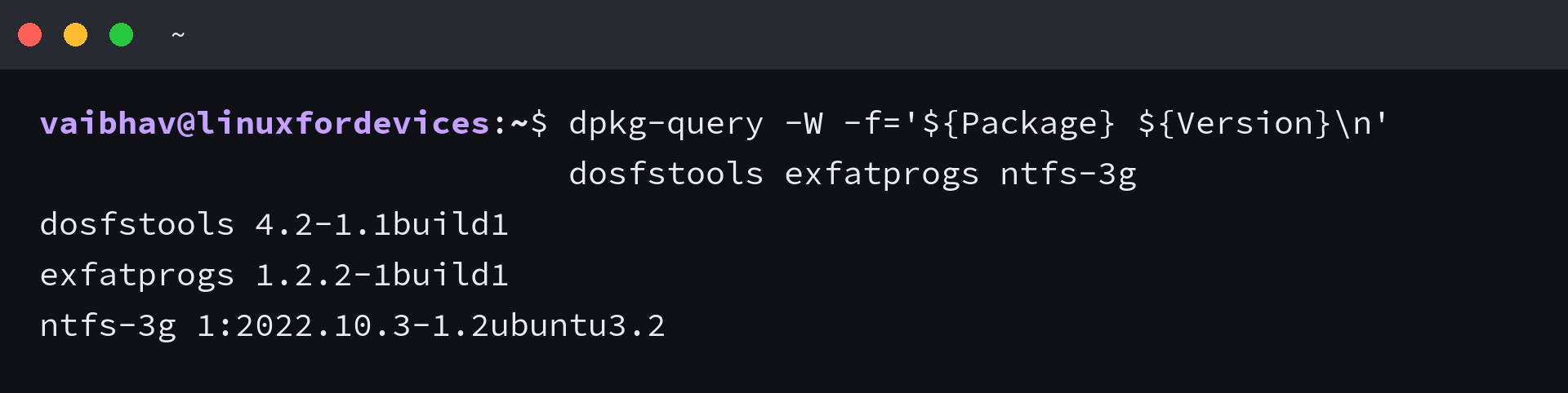Installed versions of the dosfstools, exfatprogs and ntfs-3g packages
