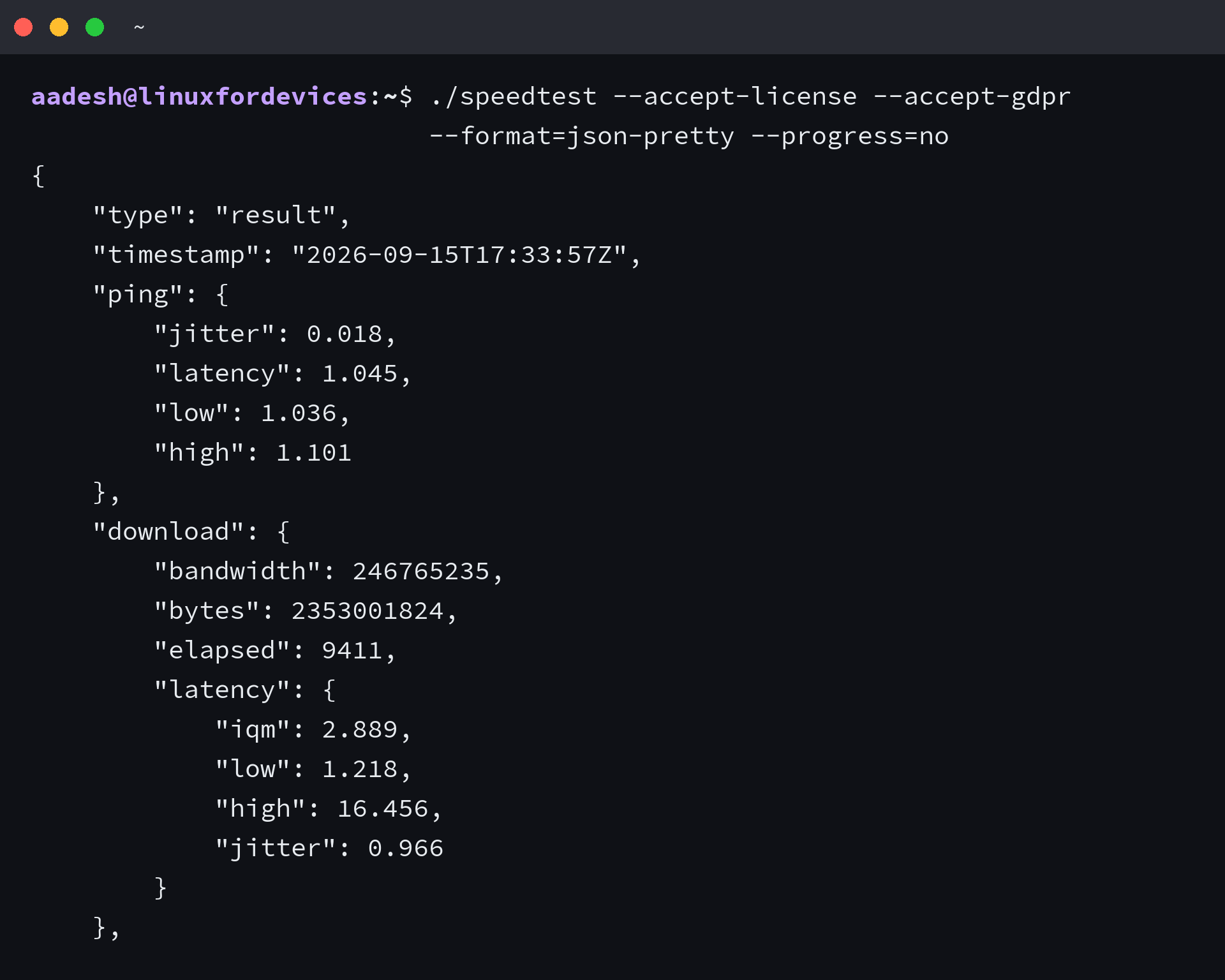 speedtest json output in the terminal
