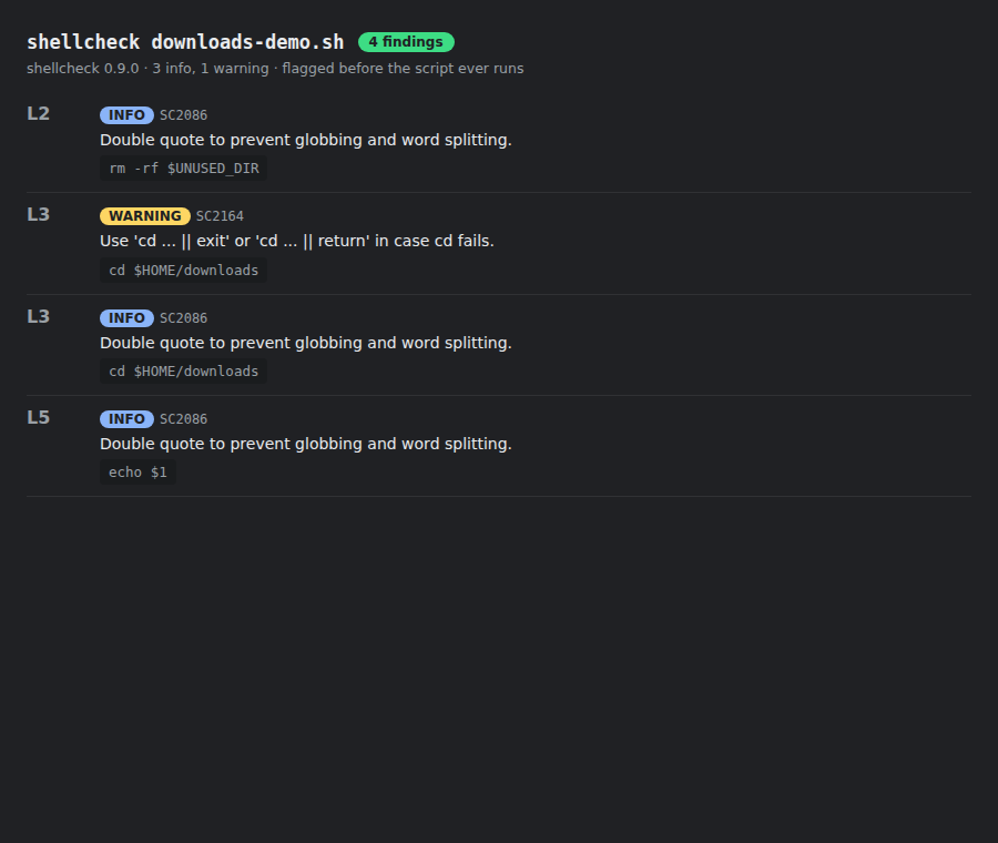 ShellCheck findings for a buggy shell script before running it