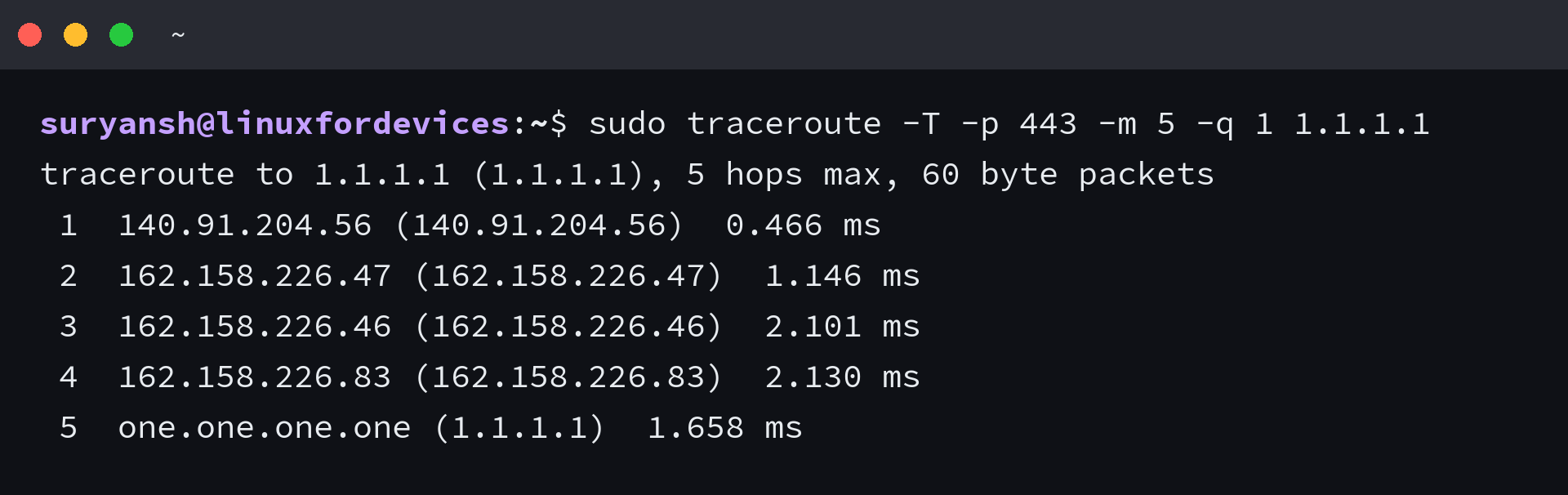 traceroute with the TCP method against port 443 showing five numbered hops