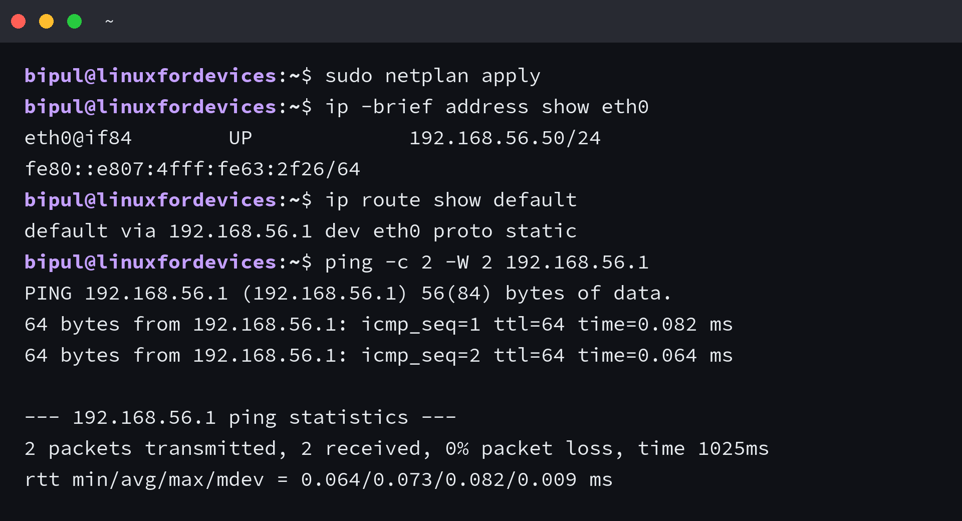 netplan apply followed by the new static address, the default route and a successful ping to the gateway