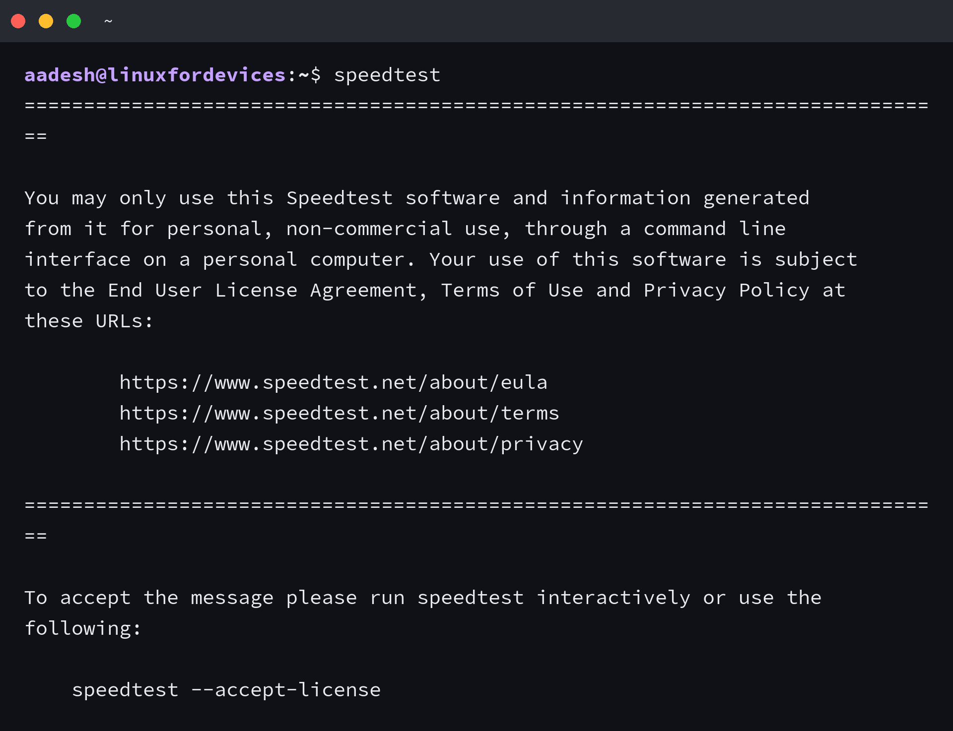 speedtest first run showing the license notice