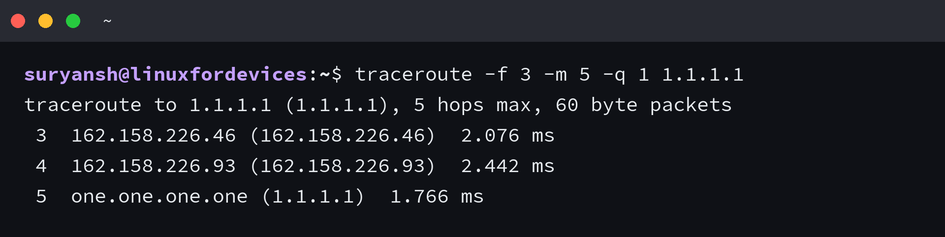 traceroute output starting at hop three instead of hop one