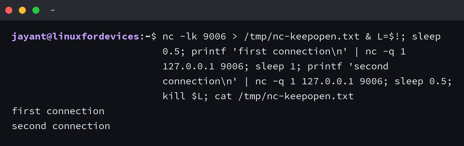 Terminal showing a keep-open netcat listener capturing two separate client connections