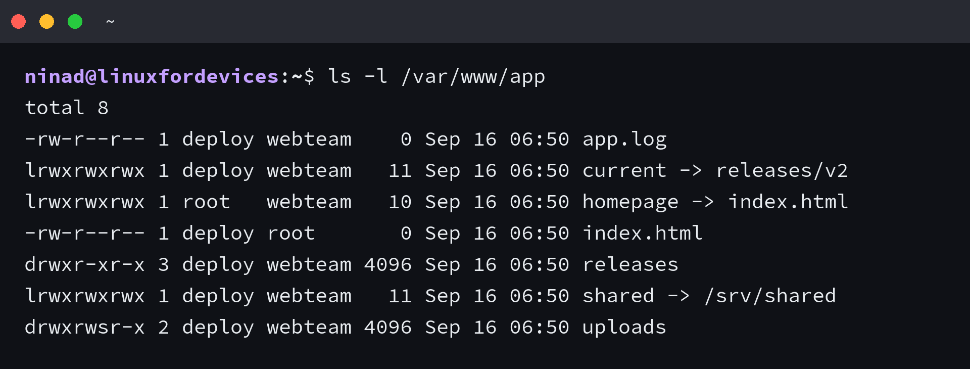 Long listing where the homepage symlink is owned by root:webteam and its target index.html is owned by deploy:root
