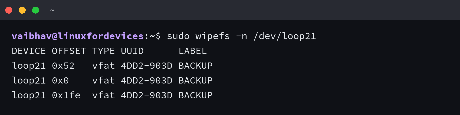 wipefs listing vfat signatures at three offsets on one volume