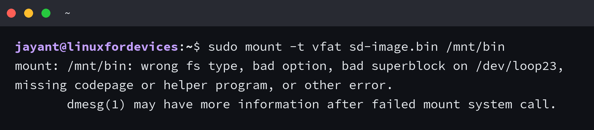 Terminal showing mount returning wrong fs type, bad option, bad superblock on loop23