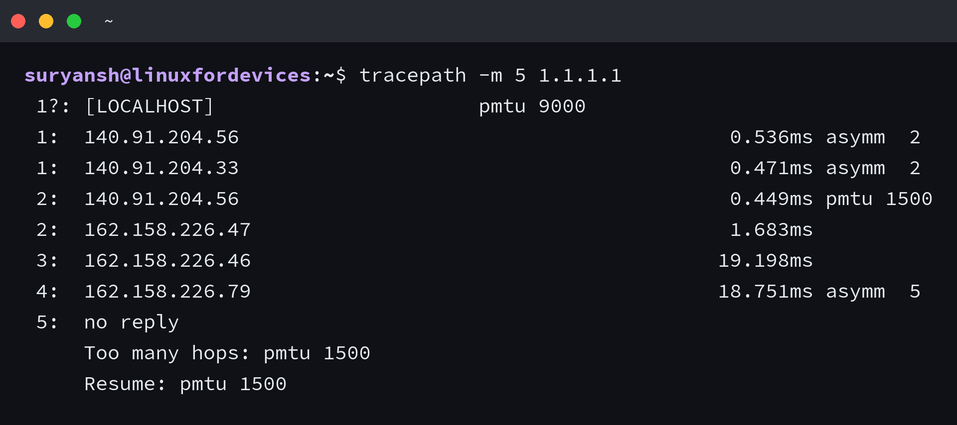 tracepath output showing per-hop path MTU values and an asymmetric route note