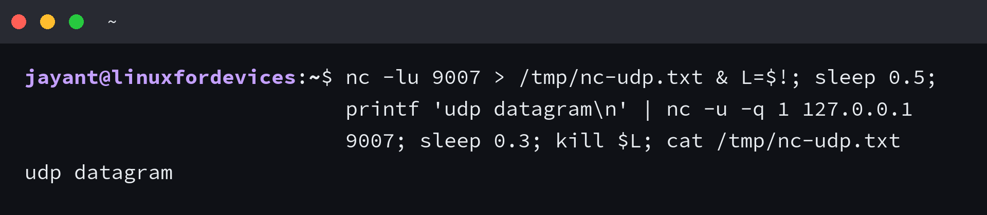 Terminal showing a UDP netcat listener receiving a datagram on port 9007