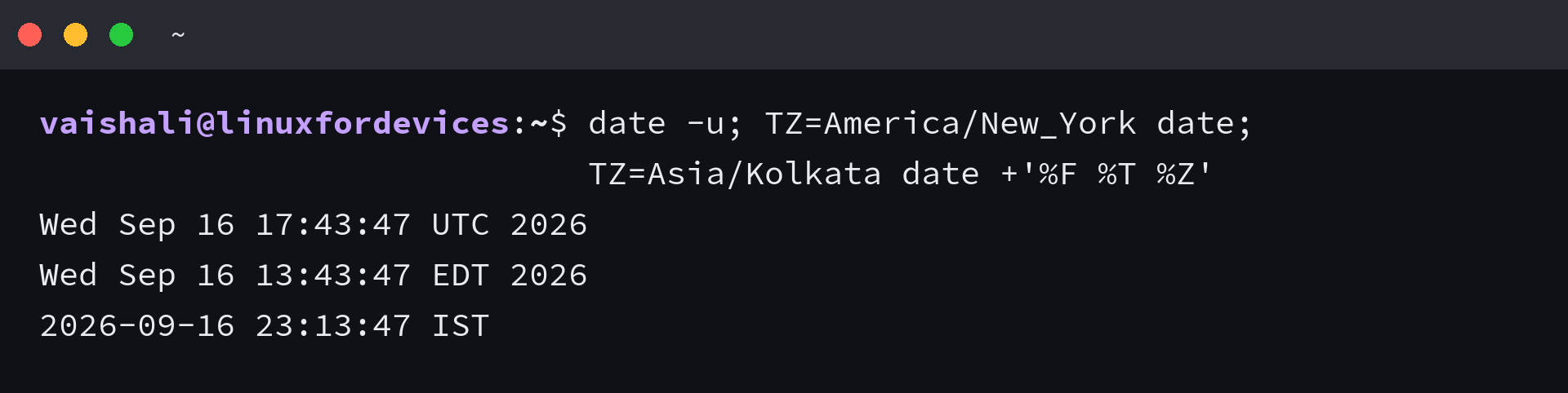 The same clock printed in UTC, New York and Kolkata from one shell session
